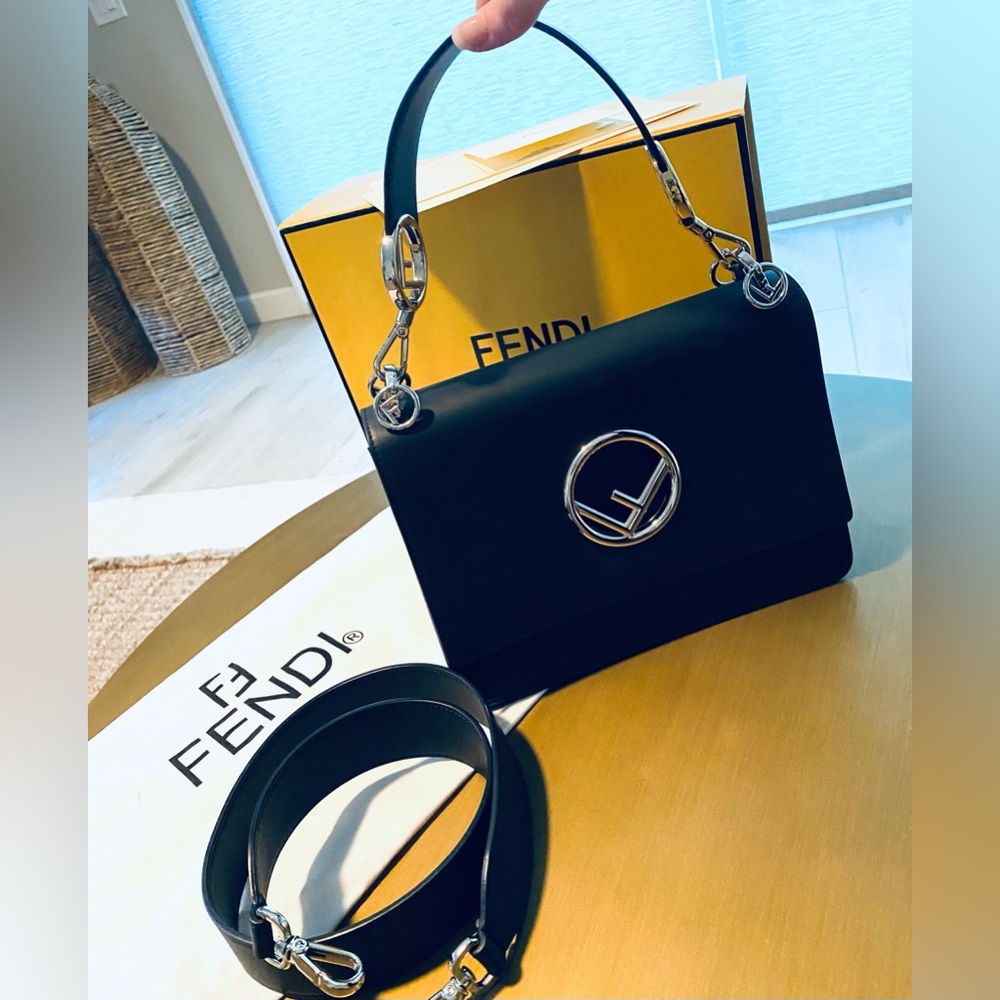 Black Leather Fendi bag- 2 straps. Gold Silver Original box, dust bag, receipt